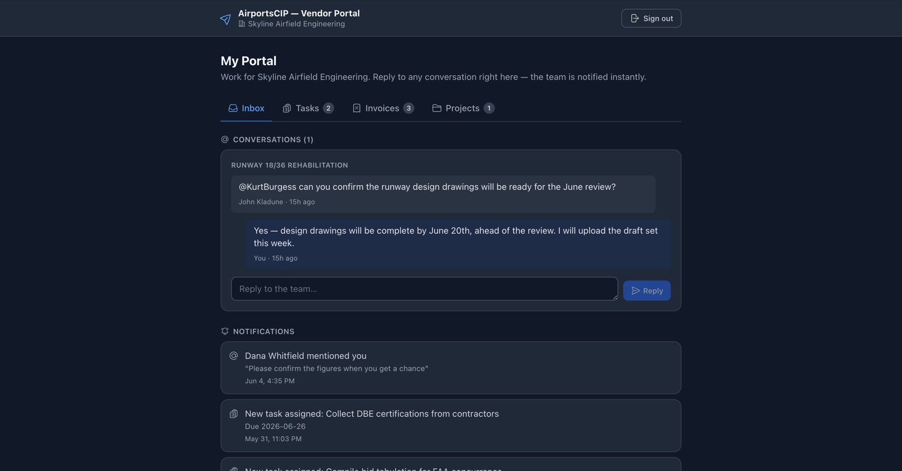 AirportsCIP vendor portal showing a consultant's inbox with a threaded project conversation and reply box, plus tabs for tasks, invoices, and projects